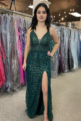 Sparkly Dark Green Tulle Sequin Detachable Train Prom Dress with Slit