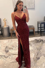 sparkly dark red sequins long prom dress with slit