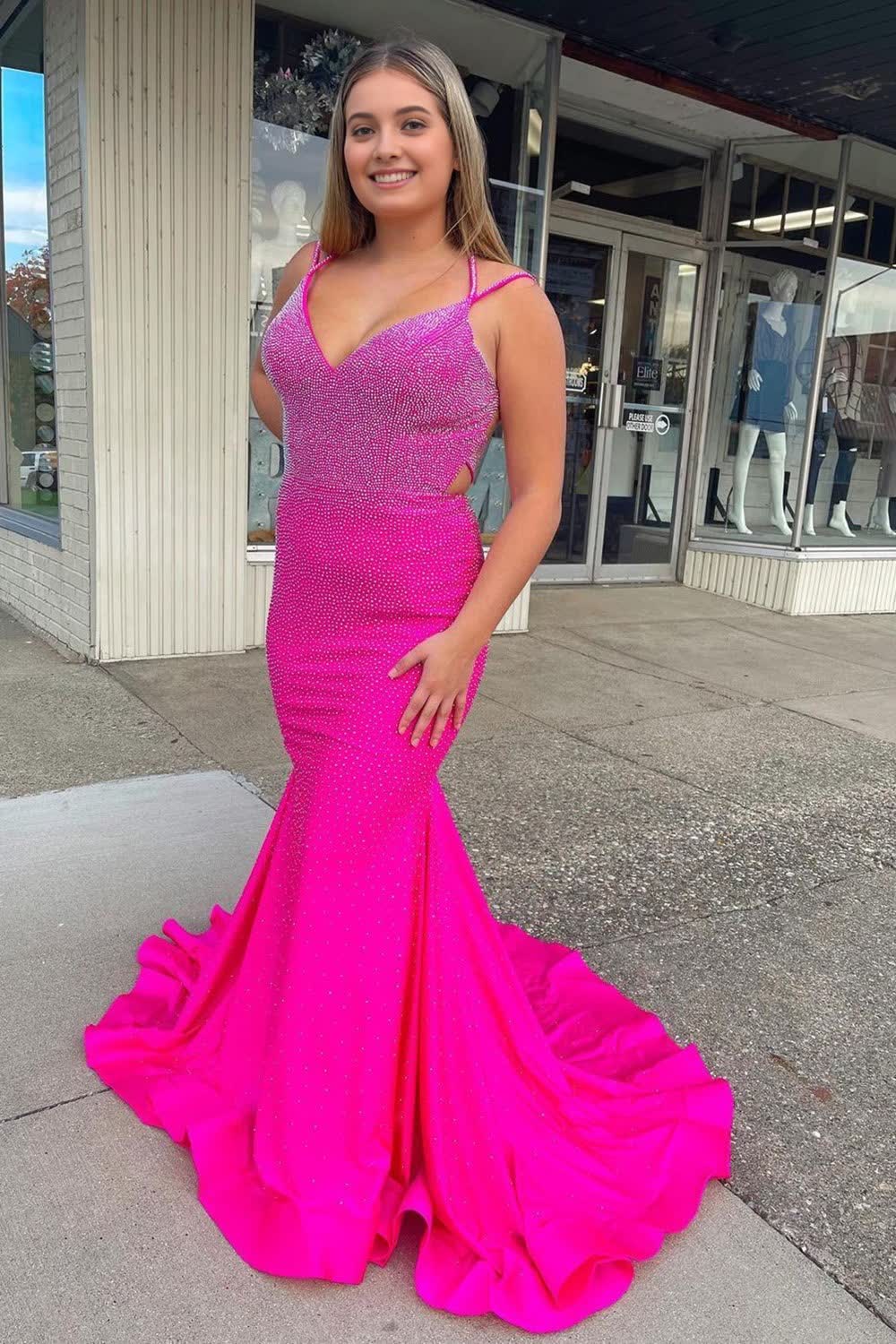 Sparkly Hot Pink Mermaid Sequins Open Back Long Prom Dress