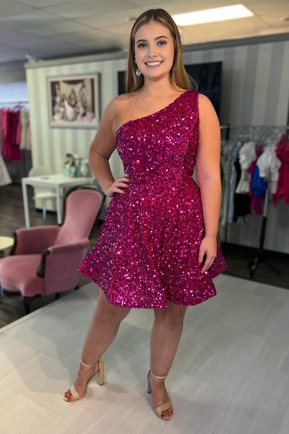 Sparkly Hot Pink One Shoulder Sequins Short Homecoming Dress