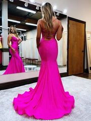 Sparkly Mermaid V Neck Beaded Satin Long Prom Dress