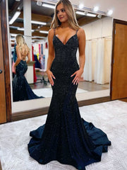 Sparkly Mermaid V Neck Beaded Satin Long Prom Dress