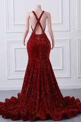 Sparkly Red Sequin Mermaid Prom Dresses Luxury Silver Crystal Beaded Sheer Neck Long Formal Party Evening Gowns for Black Girls