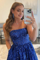 sparkly royal blue long prom dress with pockets