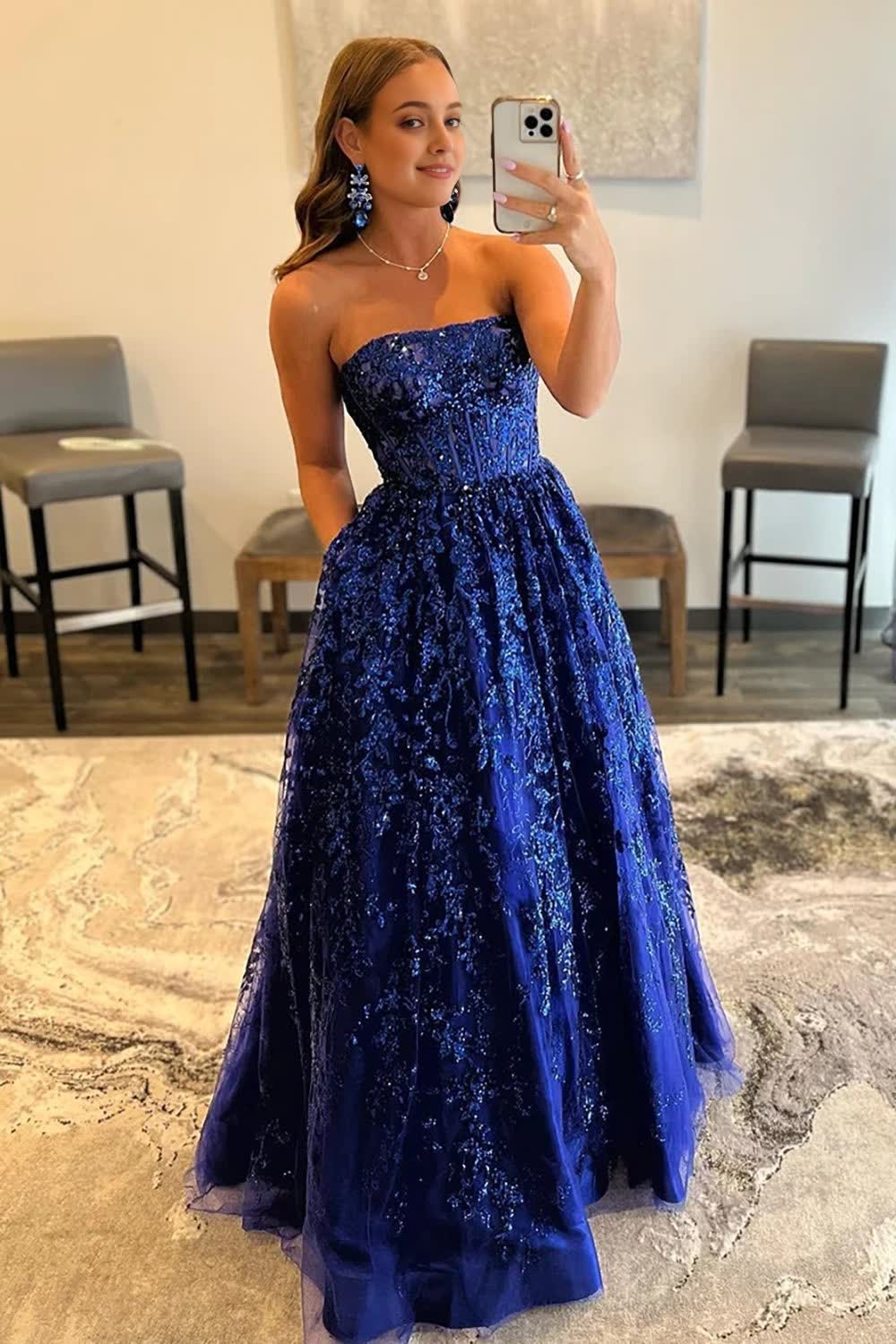 sparkly royal blue long prom dress with pockets