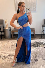 Sparkly Royal Blue One Shoulder Sheath Long Prom Dress with Slit