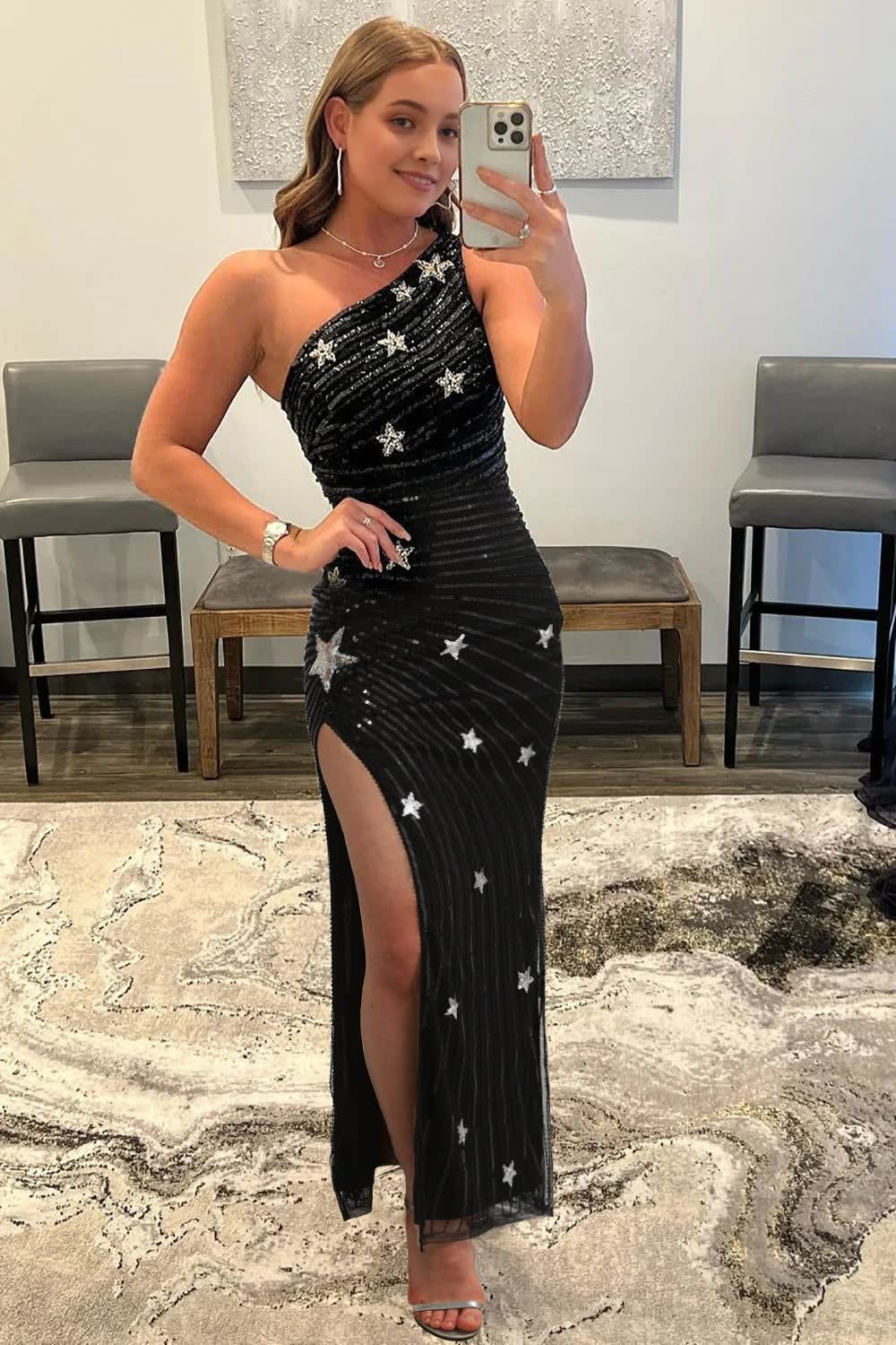 Sparkly Sequins Black One Shoulder Long Prom Dress with Stars