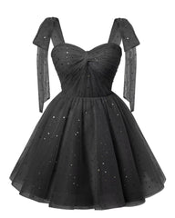 Sparkly Starry Black Tulle Short Homecoming Dresses Spaghetti Bow Straps Prom Dress Sequin Cocktail Party Dress for Teens