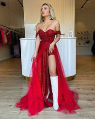 Sparkly Tow Piece Off the Shoulder Red Sequins Long Prom Dresses