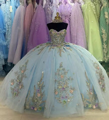 Sweetheart Ball Gown Tulle Blue Strapless Quinceanera Dress