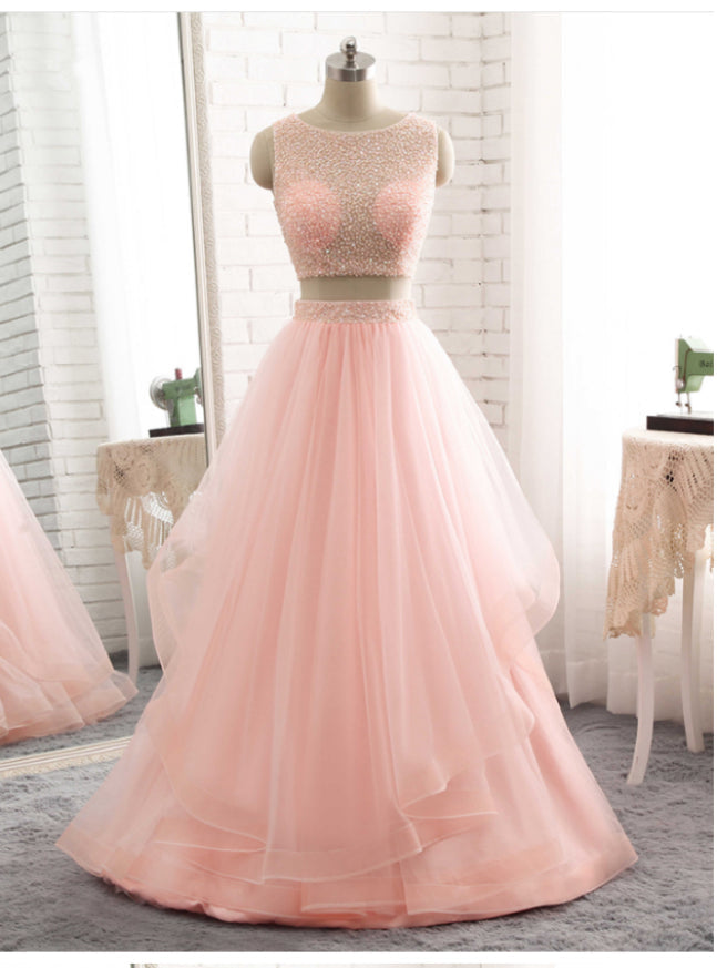 Two Piece Long Prom Dresses Pink Tulle Floor Length Formal Gowns