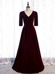 V-neck Short Sleeve Velvet Long Burgundy Prom Dress