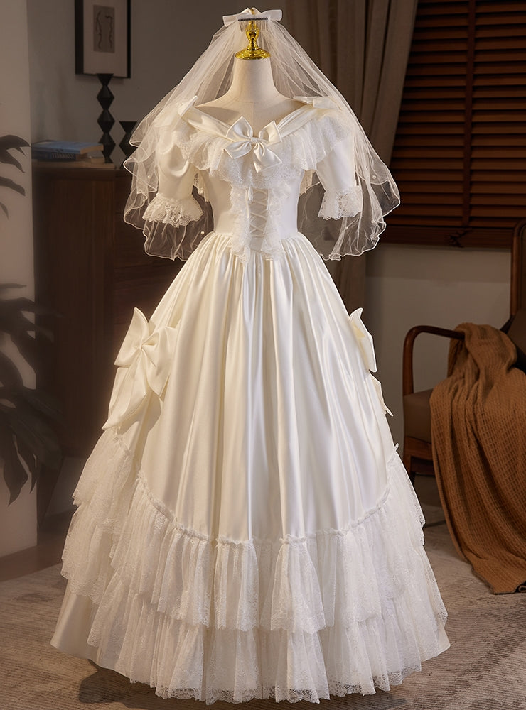 Vintage Satin Lace Short Sleeve Bow Wedding Dress