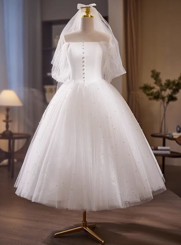 Vintage White Tulle Off the Shoulder Pearls Wedding Dress