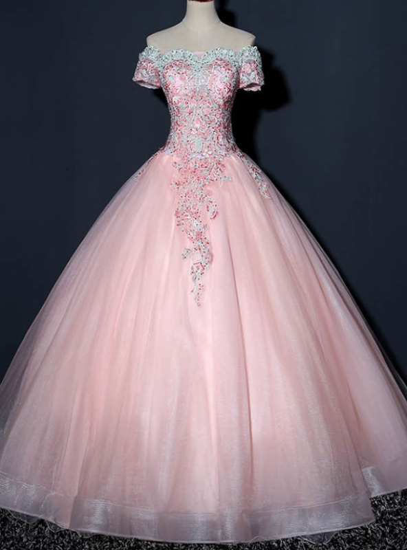 We Provide Pink Ball Gown Tulle Green Appliques Beading Short Sleeve Quinceanera Dress