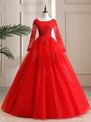 Wear a Classic Red Tulle Lace Appliques Long Sleeve Beading Quinceanera Dress