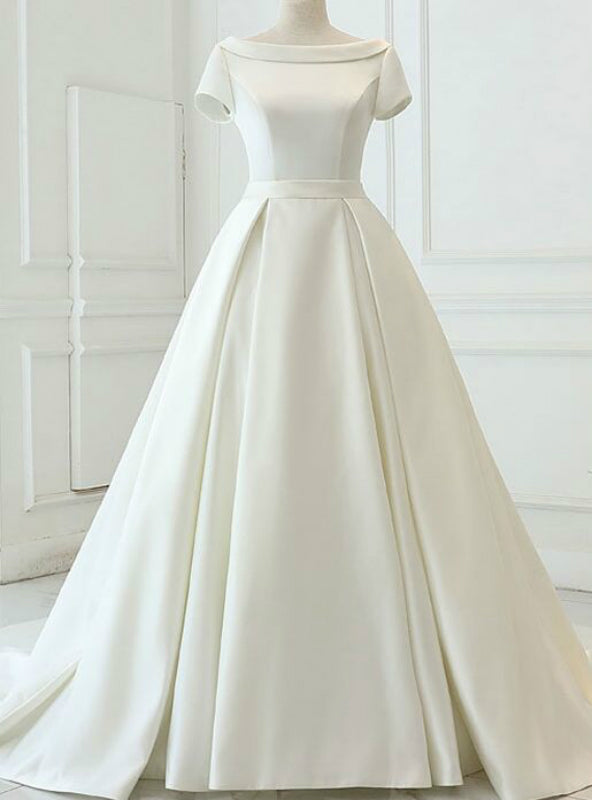 White Ball Gown Satin Cap Sleeve Backless Wedding Dress