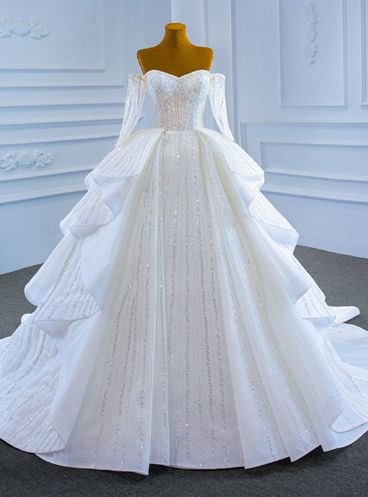 White Ball Gown Tulle Off the Shoulder Long Sleeve Beading Wedding Dress