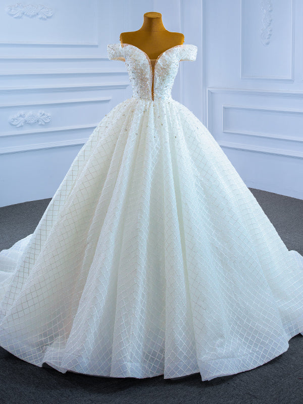 White Ball Gown Tulle Pearls Crystal Wedding Dress