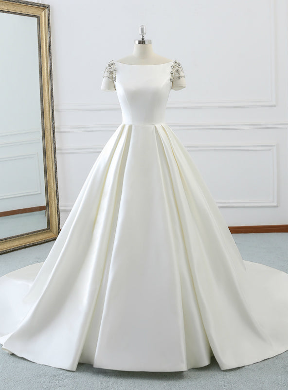 White Bateau Short Sleeve Satin Backless Wedding Dress With Long Train