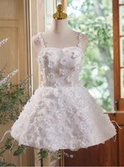 White Lace 3D Flower Spaghetti Straps Homecoming Dress