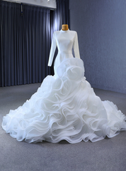 White Mermaid Long Sleeve High Neck Wedding Dress