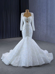 White Mermaid Sequins Backless Pearls Wedding Dress