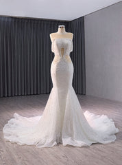 White Mermaid Sequins Beading See Through Wedding Dress