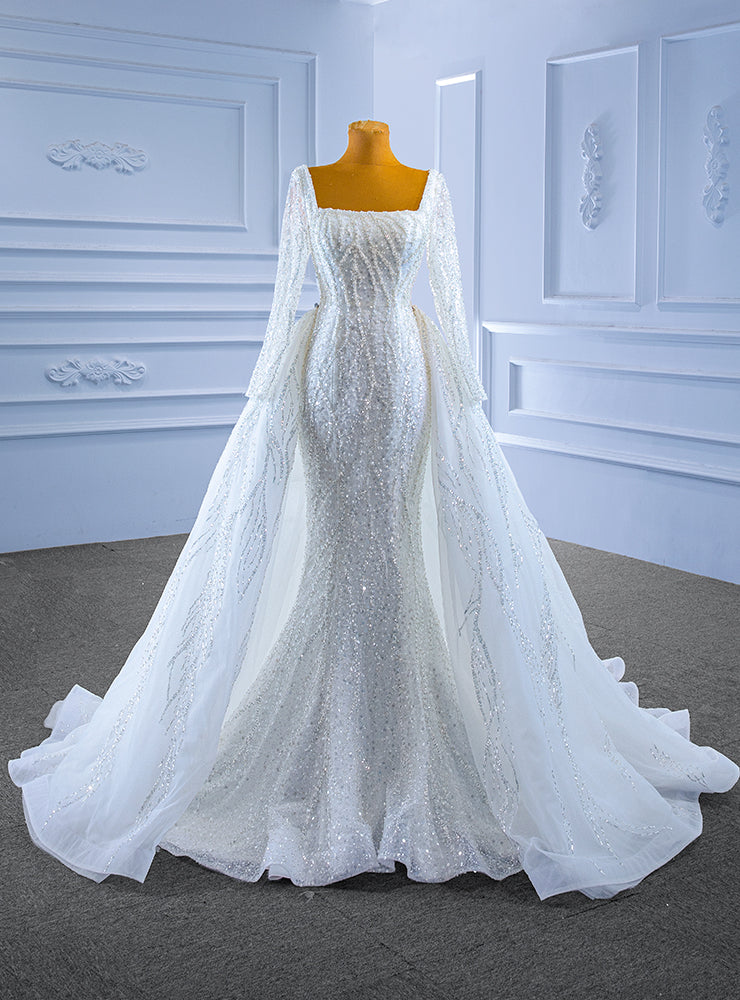 White Mermaid Sequins Square Neck Wedding Dress With Detachable Train