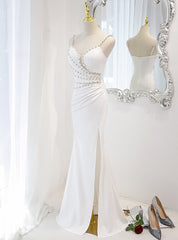 White Mermaid Spaghetti Straps Beading Pearls Wedding Dress