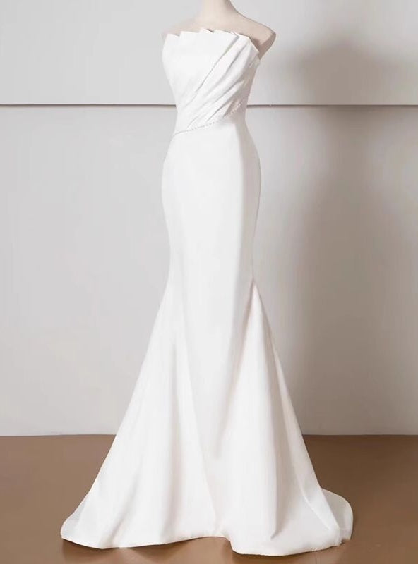 White Mermaid Strapless Pleats Pearls Wedding Dress