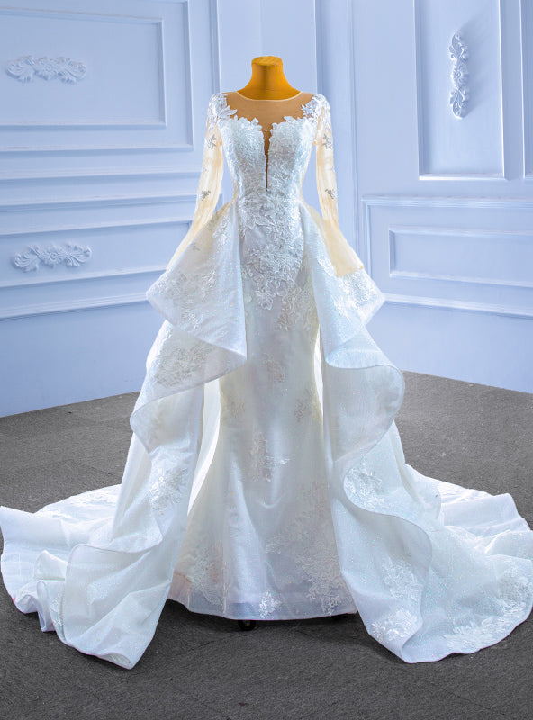 White Mermaid Tulle Appliques Long Sleeve Wedding Dress