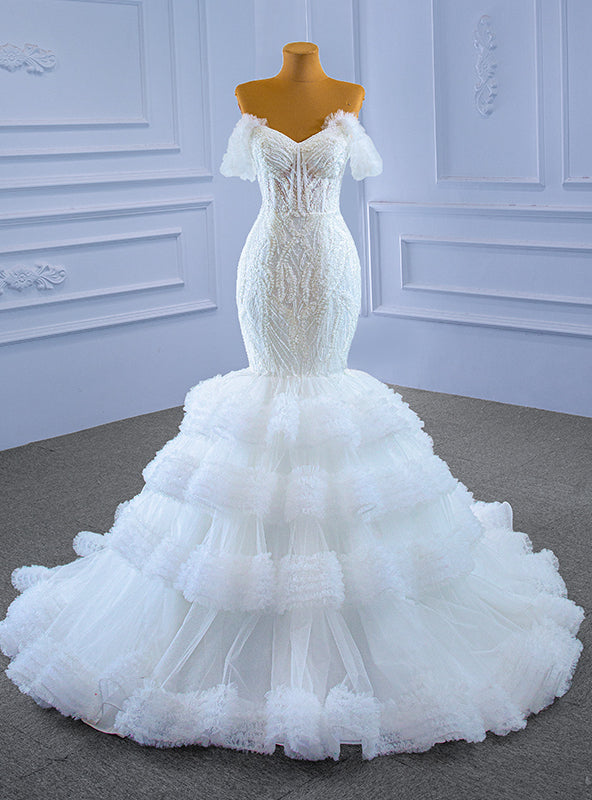 White Mermaid Tulle Sweetheart Appliques Beading Wedding Dress