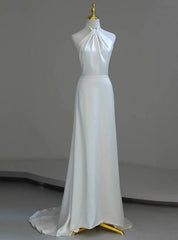 White Satin Halter Open Back Wedding Dress