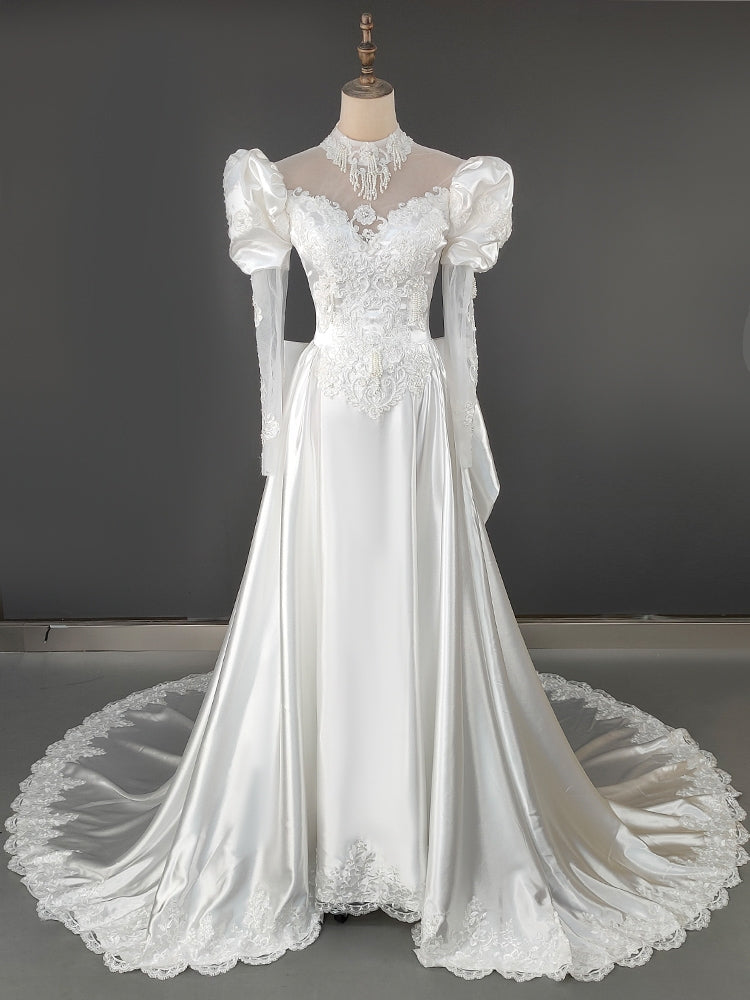 White Satin Long Sleeve Appliques Beading High Neck Wedding Dress