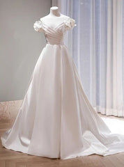 White Satin Off the Shoulder Flower Wedding Dress With Train