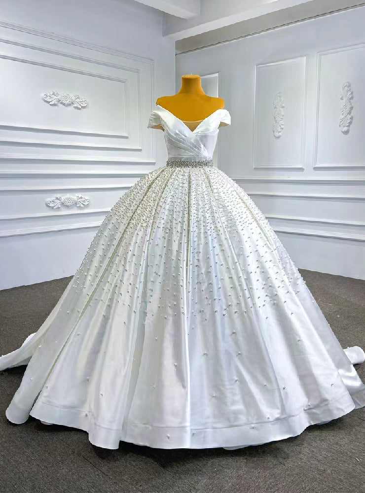 White Satin Off the Shoulder Pearls Crystal Wedding Dress