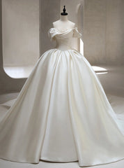 White Satin Off the Shoulder Wedding With Train