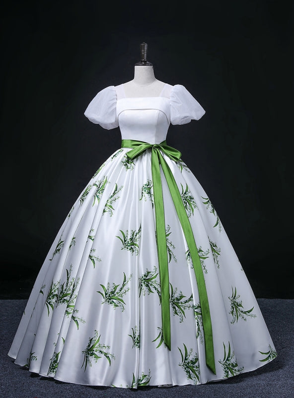 White Satin Puff Sleeve Print Quinceanera Dress