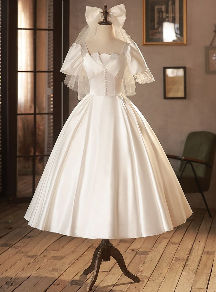 White Satin Square Neck Short Sleeve Button Wedding Dress