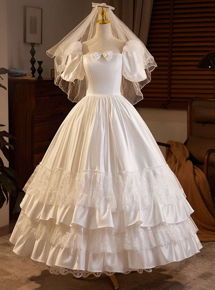 White Satin Square Puff Sleeve Vintage Wedding Dress