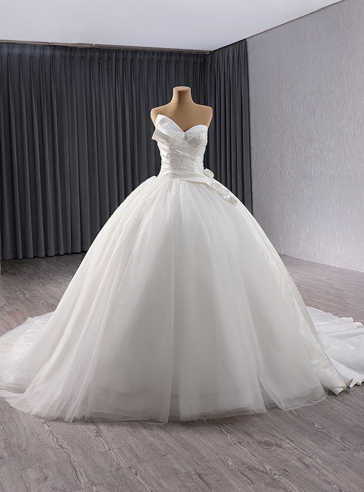 White Satin Strapless Pleats Beading Wedding Dress With Train