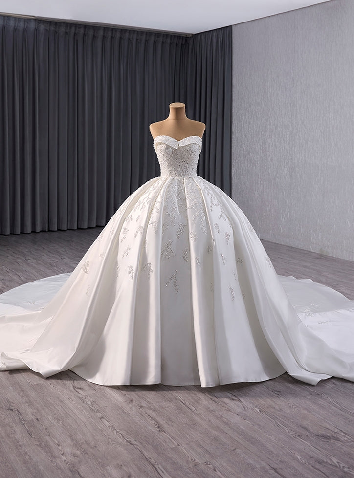 White Satin Strapless Sequins Beading Wedding Dress