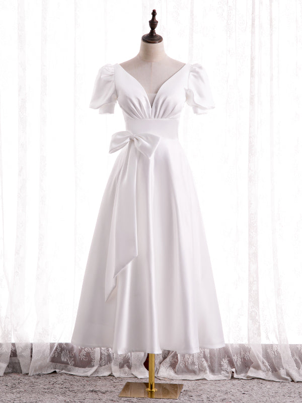 White Satin V-neck Puff Sleeve Bow Prom Dress