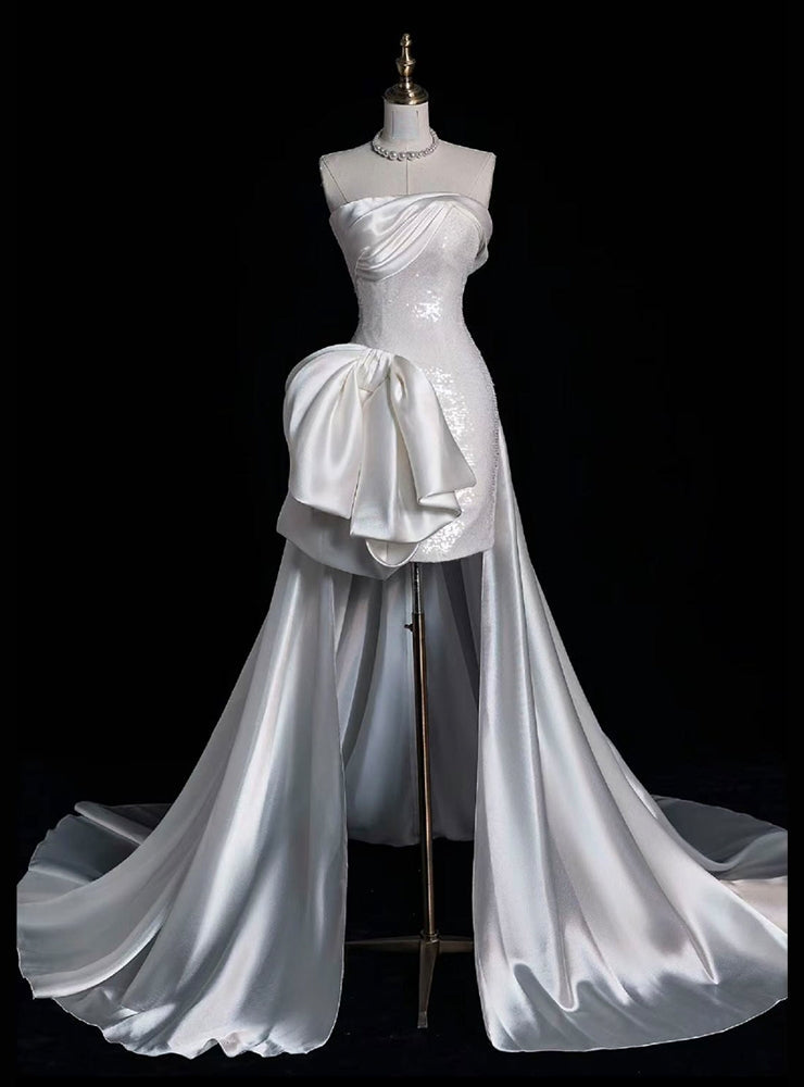 White Sheath Sequins Satin Strapless Wedding Dress