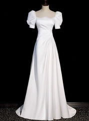 White Short Sleeve Square Neck Pleats Wedding Dress