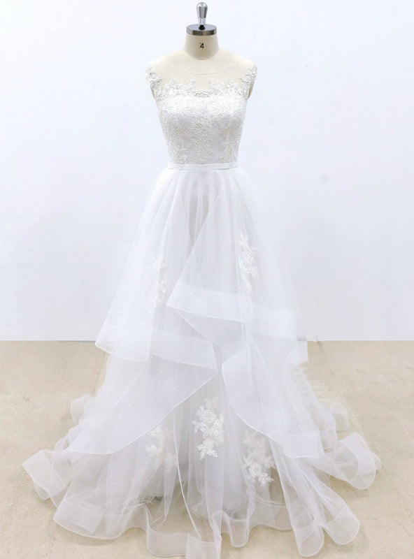 White Tulle Lace Appliques Cap Sleeve Wedding Dress