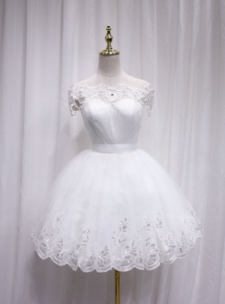 White Tulle Lace Off the Shoulder Beading Homecoming Dress