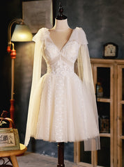 White Tulle Lace V-neck Homecoming Dress