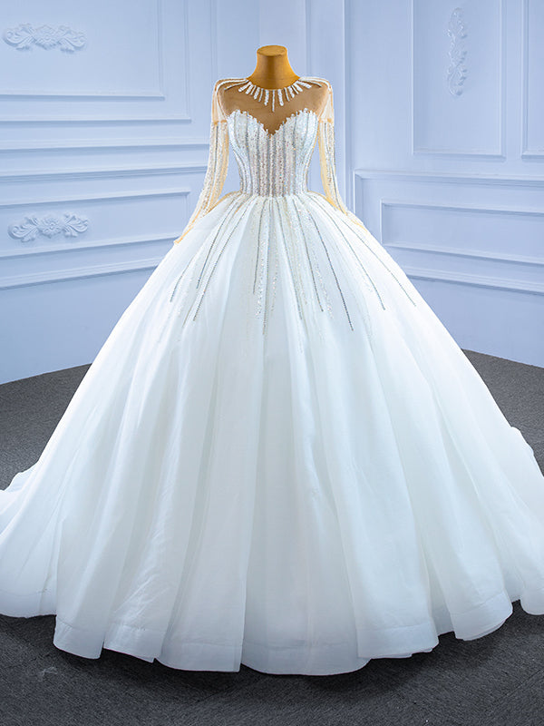 White Tulle Long Sleeve Sequins Beading Wedding Dress